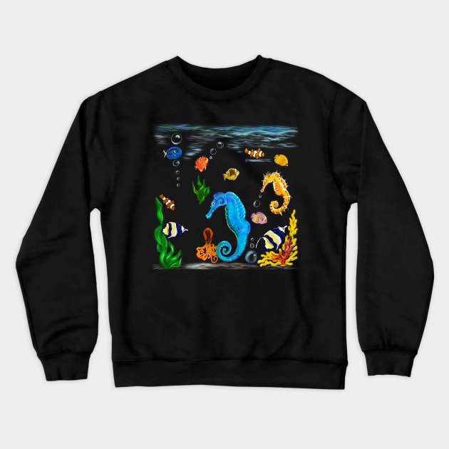 Best fishing gifts for fish lovers 2022. Seahorse and friends Coral reef fish rainbow coloured / colored fish swimming under the sea Crewneck Sweatshirt by Artonmytee